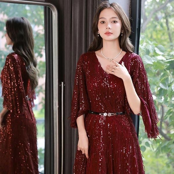 品質保証で、高速配送！ ドレス 大人 ピアノ 発表会 イブニングドレス ミセス Vネック キラキラ パーティードレス ロングドレス 演奏会 結婚式 成人式 Aライン ネイビー ワインレッド 大きいサイズ ワンピース 上品 フォーマル ファスナー M 珍品