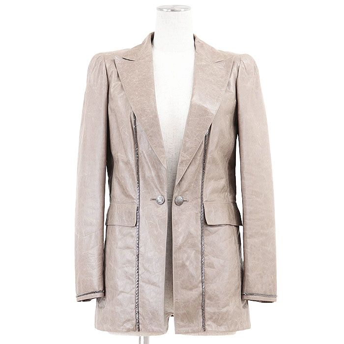 CHANEL シャネル レザージャケット 06A P28950 COCOマーク ボタン テーラード カーフスキン チェーンパイピング キルティングライニング アウター レディース サイズ 38 グレージュ フランス製 カール ラガーフェルド期