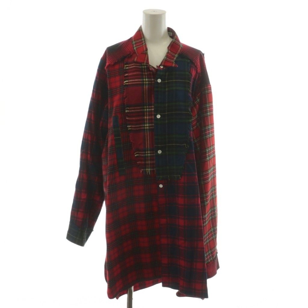 ロエベ LOEWE シャツ ブラウス 長袖 チェック柄 コットン L 赤 レッド 紺 ネイビー 緑 グリーン AN15