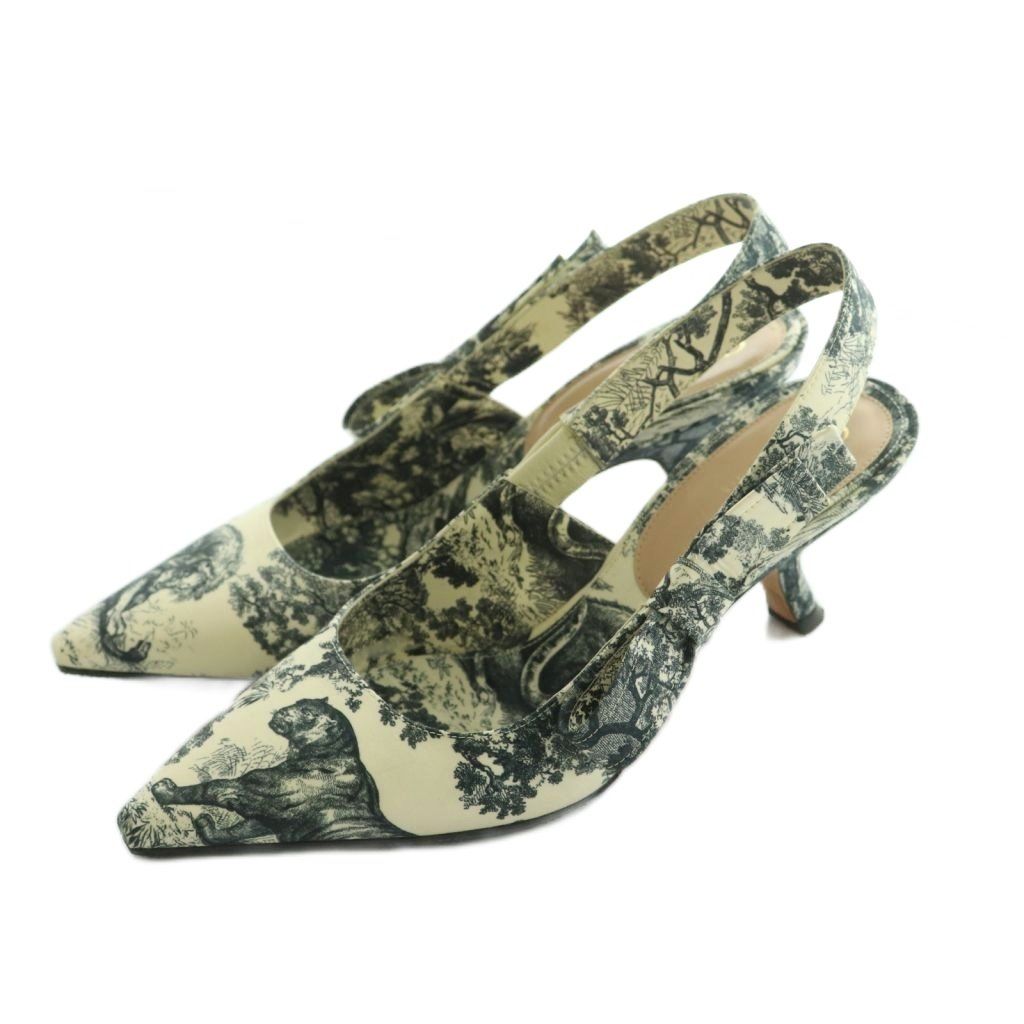 クリスチャンディオール Christian Dior toile de jouy トワル ドゥ ジュイ パンプス 総柄 リボン ストラップ 35 22 0 cm アイボリー グレー MI OS