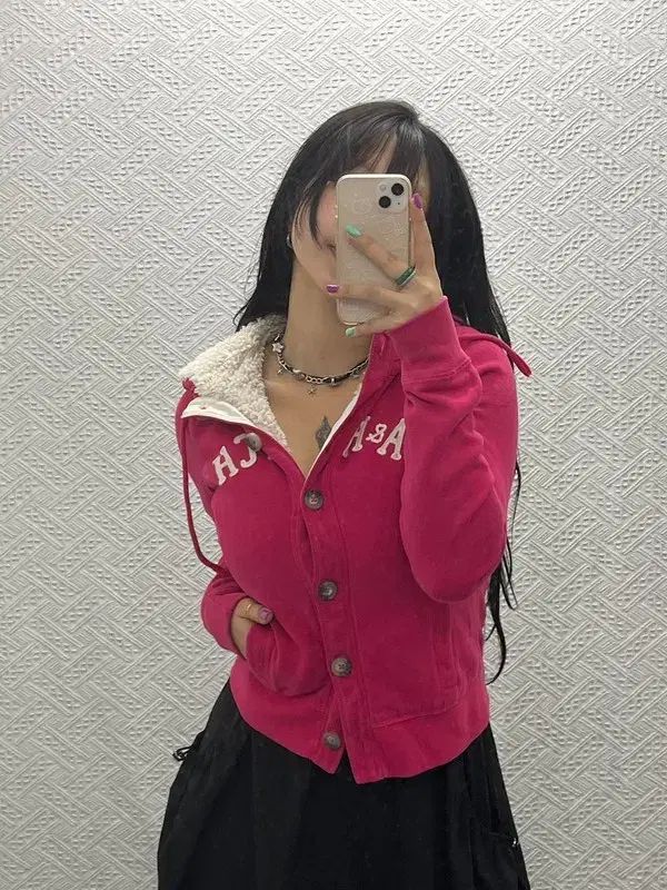 アバクロンビー 必須アイテム 90 s Y2K ディープピンク シープスキン フード ジャケット M C06691