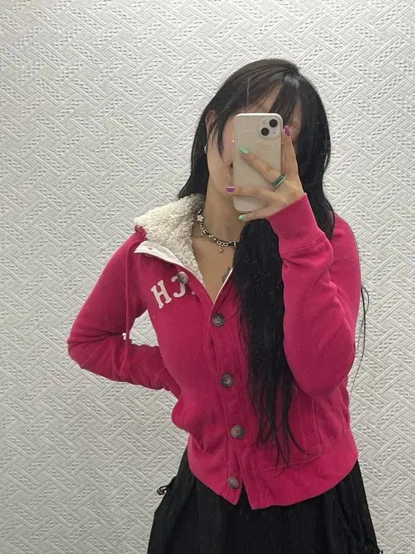 アバクロンビー 必須アイテム 90 s Y2K ディープピンク シープスキン フード ジャケット M C06691