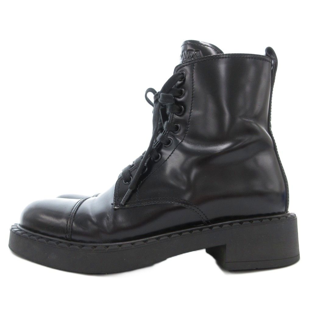 プラダ PRADA ショートブーツ 38.5 25.5 cm シューズ レザー 本革 レースアップ サイドジップ 黒 ブラック AE GY 18