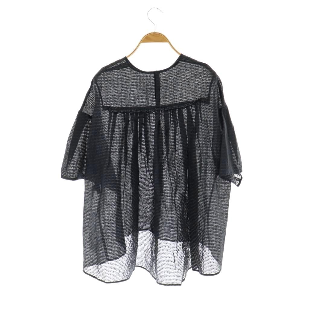 ドゥロワー Drawer ジャガード バック ギャザー ブラウス 五分袖 38 紺 ネイビー AT OS