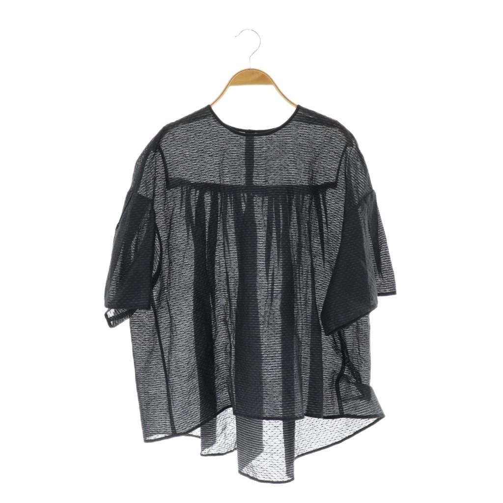 ドゥロワー Drawer ジャガード バック ギャザー ブラウス 五分袖 38 紺 ネイビー AT OS