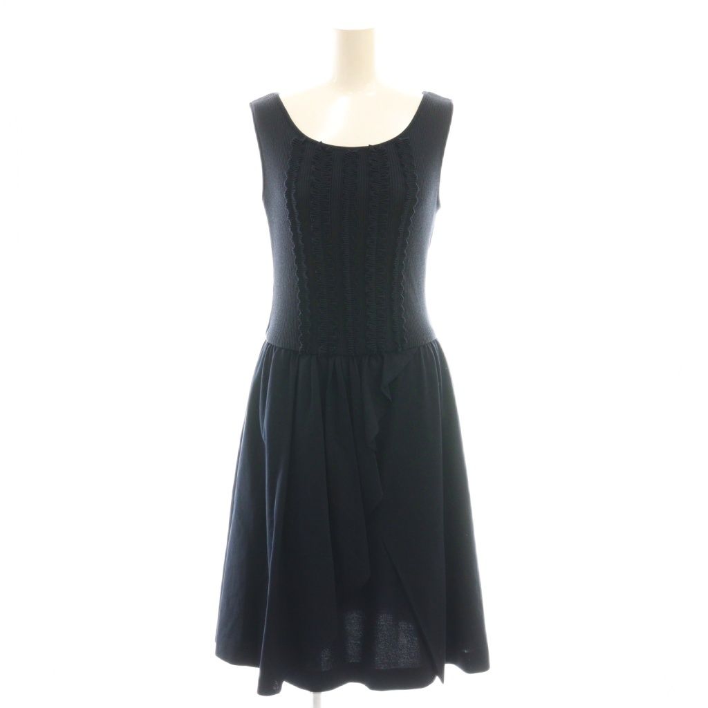 ルネ Rene ニット切替 フリル ノースリーブワンピース ひざ丈 36 ダークネイビー DF OS