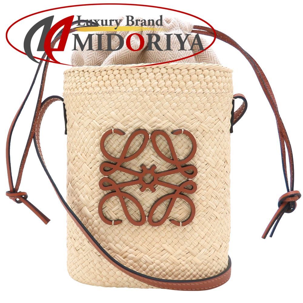 LOEWE ロエベ スクエアポケット ショルダーバッグ アナグラム レザーxイラカヤシ ナチュラル タン レディース 352894