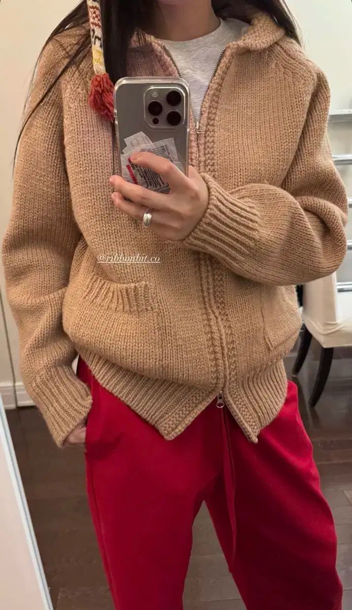 リボン빛 ファー ジップアップ ニット ベージュ