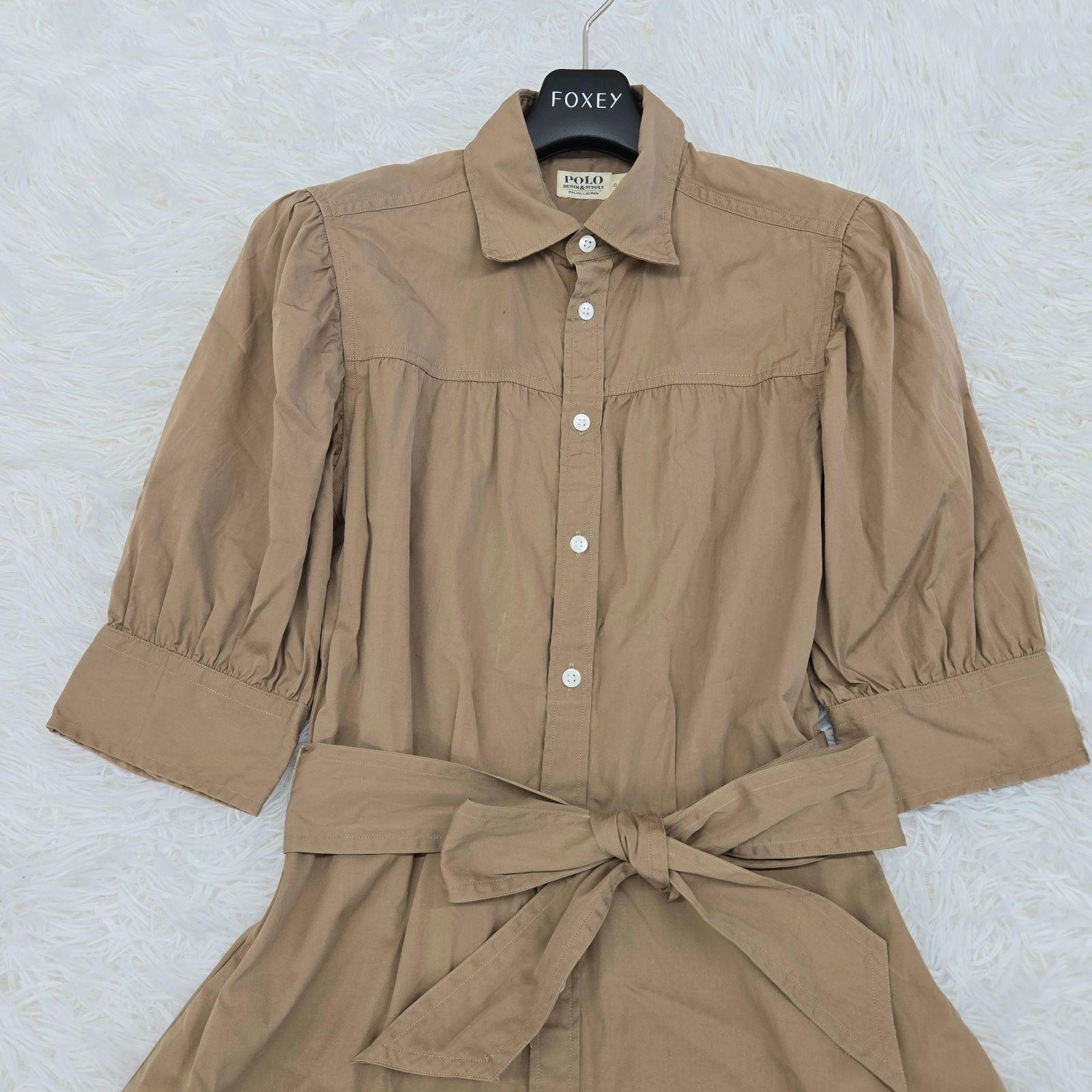  デニム-サプライラルフローレン シャツワンピース ウエストベルト ロング丈 五分袖 サイズ0 QRコード付き 半袖 シャツワンピース