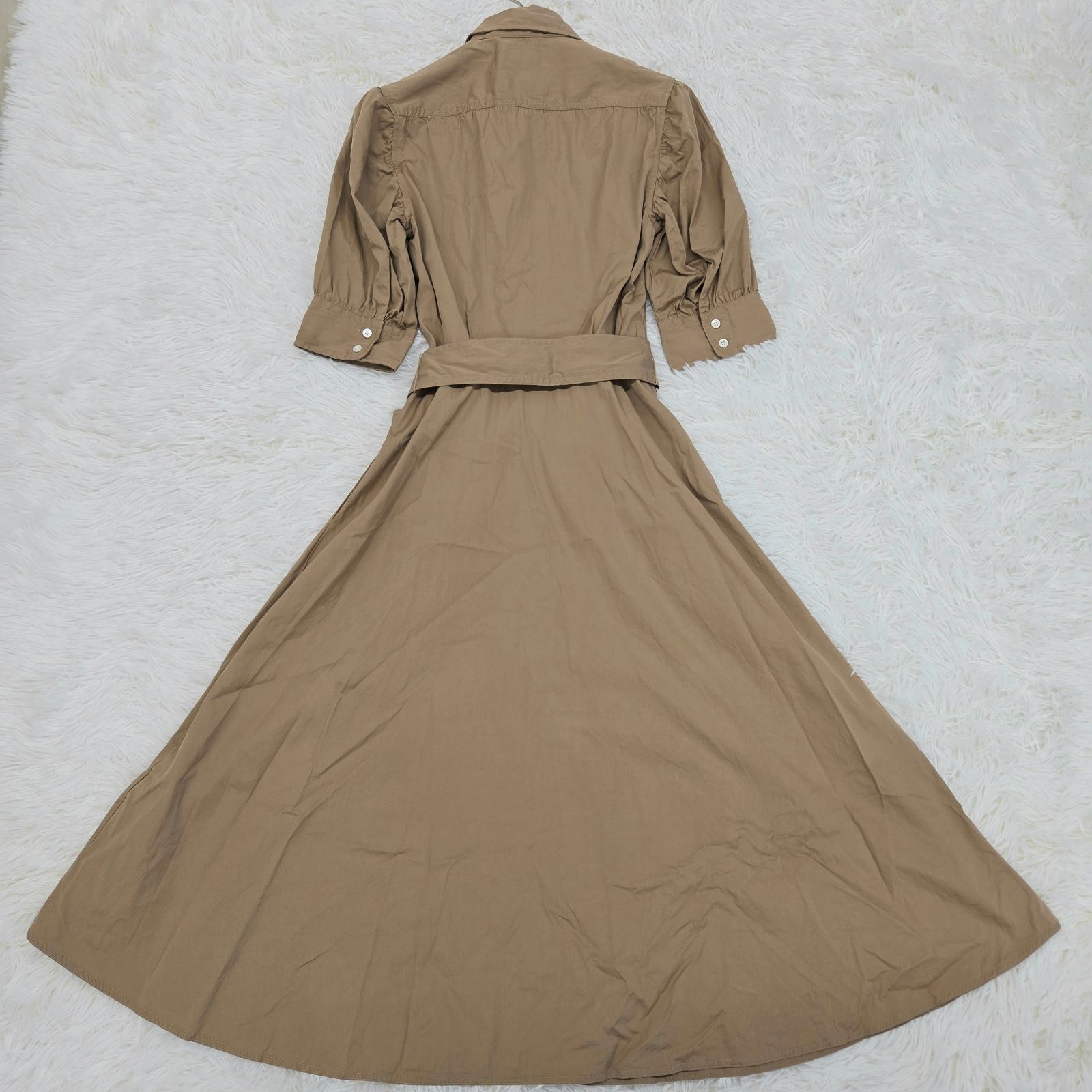 デニム-サプライラルフローレン シャツワンピース ウエストベルト ロング丈 五分袖 サイズ0 QRコード付き