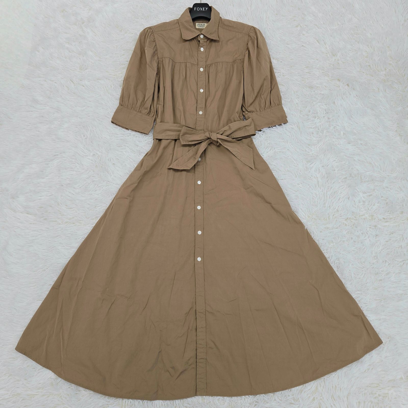 デニム サプライラルフローレン シャツワンピース ウエストベルト ロング丈 五分袖 サイズ0 QRコード付き