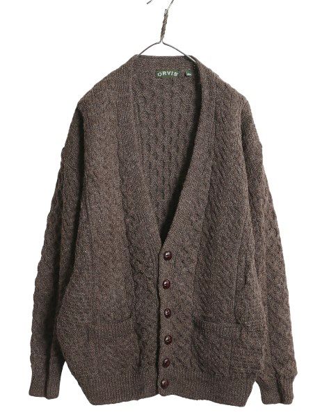 なクーポン配布中! アイランド製 オービス フィッシャーマン ウール ニット カーディガン メンズ L 古着 重ね着 前開き アラン ケーブル セーター ブラウン