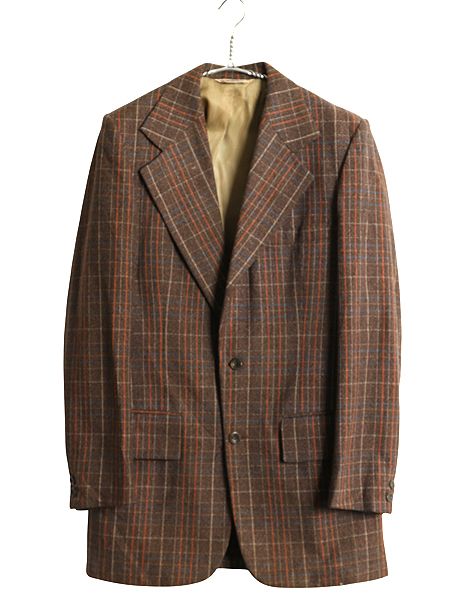 なクーポン配布中! 70s ジェフリー ビーン テーラード ジャケット メンズ M 程 ヴィンテージ ウール チェック ブレザー ヘビーウェイト マルチ 茶