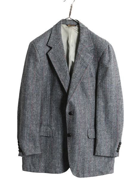 なクーポン配布中! 80s ハリスツイード テーラード ジャケット メンズ L 程 ヴィンテージ ブレザー ウール ツイード ストライプ トラッド シンプル 灰
