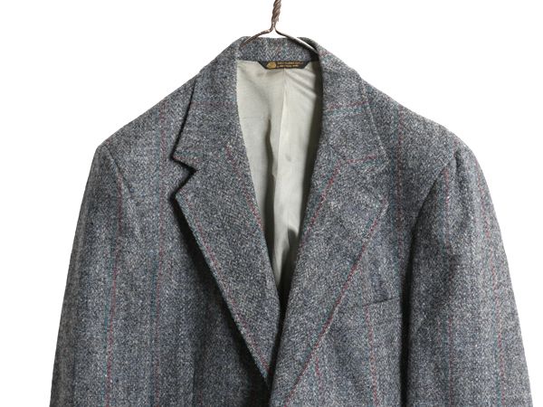 なクーポン配布中! 80s ハリスツイード テーラード ジャケット メンズ L 程 ヴィンテージ ブレザー ウール ツイード ストライプ トラッド シンプル 灰