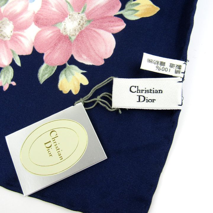Dior 花柄スカーフ ネイビー・ベージュ ディオール シルク花柄スカーフ Christian Dior シルクスカーフ