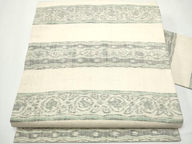 平和屋着物 全通柄 九寸名古屋帯 小千谷紬 横段花文 正絹 hy