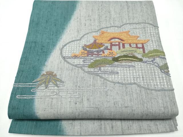 平和屋着物 中国三大刺繍 スワトウ相良刺繍 総刺繍 九寸開き名古屋帯 紬地 松竹梅風景文 正絹 hy