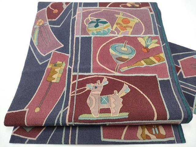平和屋着物 全通柄 九寸名古屋帯 型染め 玩具文 金彩 鬼しぼ縮緬 正絹 hy