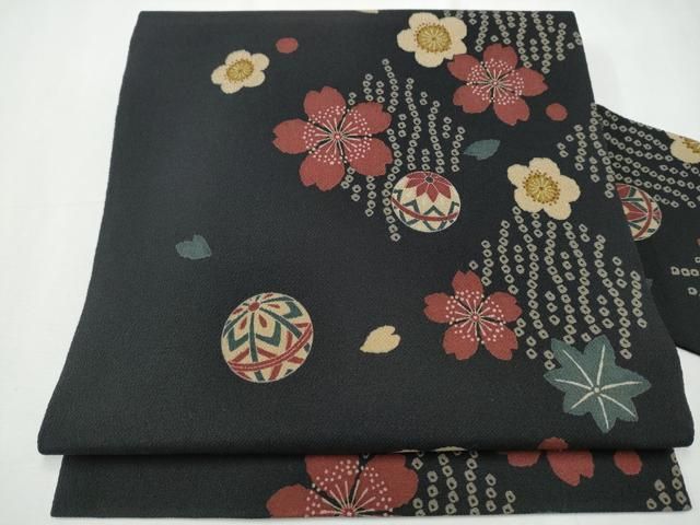 平和屋着物 全通柄 九寸名古屋帯 舞花毬文 黒地 鬼しぼ縮緬 正絹 hy