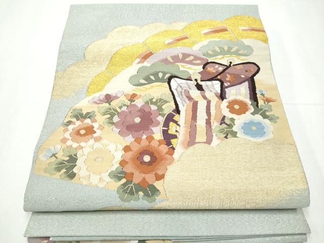 平和屋着物 爪掻き本綴れ 八寸名古屋帯 御所車花文 金銀糸 正絹 hy