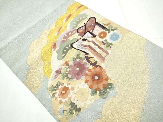 平和屋着物 爪掻き本綴れ 八寸名古屋帯 御所車花文 金銀糸 正絹 hy