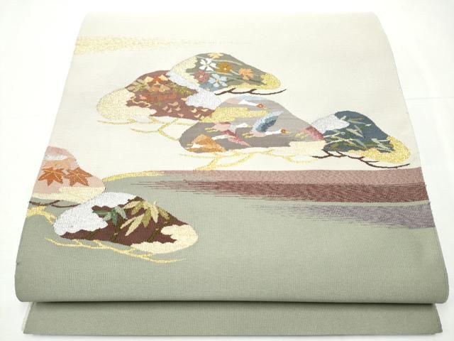 平和屋着物 爪掻き本綴れ 八寸名古屋帯 飛鶴草花文 金銀糸 正絹 hy