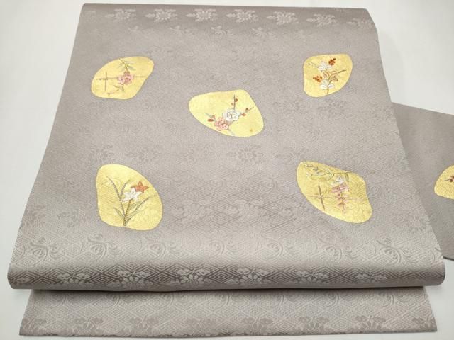平和屋着物 九寸名古屋帯 刺繍 貝合わせ枝花文 金彩 正絹 hy