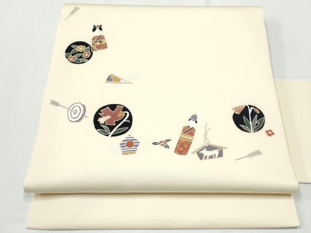 平和屋着物 塩瀬 九寸名古屋帯 玩具文 金彩 正絹 hy