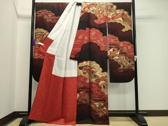  平和屋着物 豪華振袖 駒刺繍 雲重ね扇面花文 黒地 金彩 正絹 gh 振袖 着物