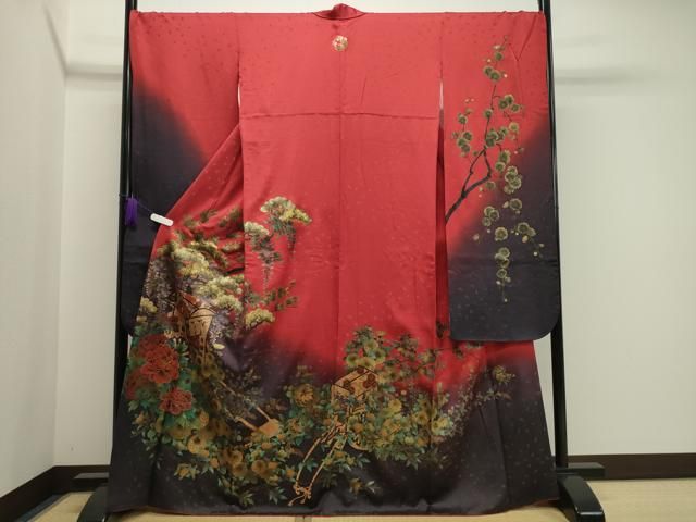 平和屋着物 豪華振袖 御所車花文 暈し染め 金彩 金通し地 正絹 gh