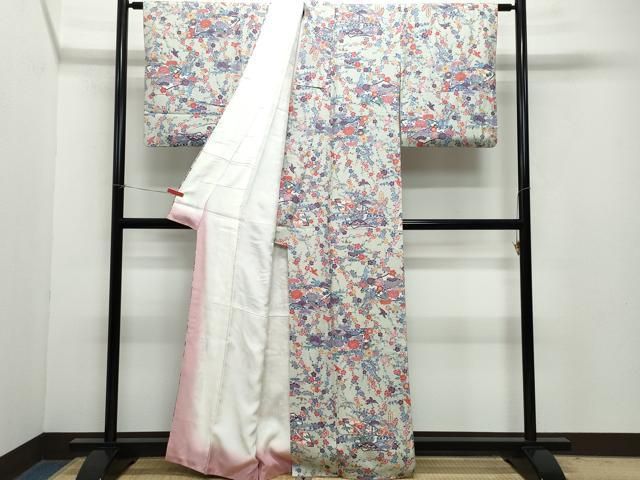 平和屋着物○上質な小紋 型染め 地紙草花鳥文 正絹 逸品