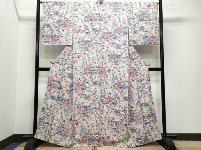 平和屋着物 上質な小紋 型染め 地紙草花鳥文 正絹 vf