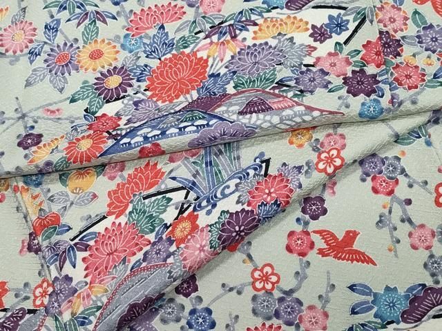 平和屋着物●上質な小紋　型染め　地紙草花鳥文　正絹　逸品　CAAZ1015vf 平和屋着物○上質な小紋 型染め 地紙草花鳥文 正絹 逸品