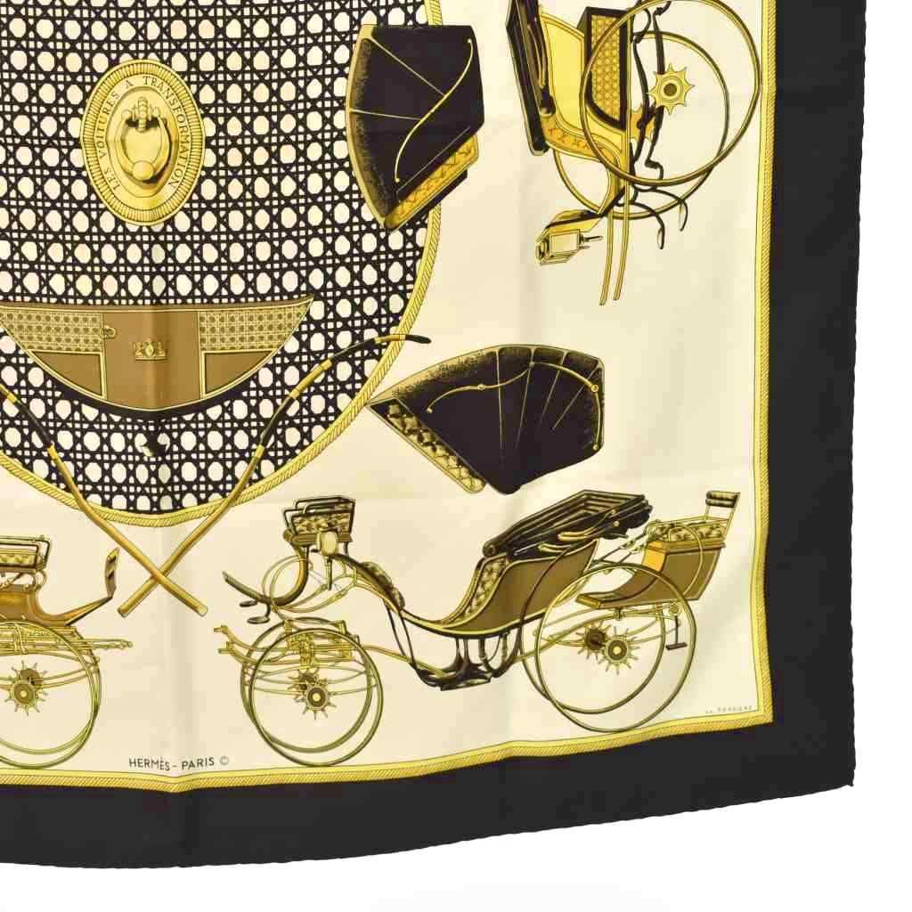 フランス製エルメス カレ90 折畳み式幌の馬車 シルクスカーフ ブラック