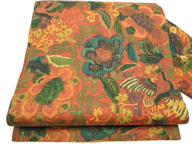 平和屋着物●初代 染人・山岡古都　首里琉染　全通柄　九寸名古屋帯　紬地　花鳥唐草文　銀通し地　正絹　逸品　CAAZ4082hy 平和屋着物○初代 染人・山岡古都 首里琉染 全通柄 九