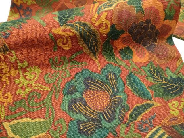  平和屋着物 初代 染人 山岡古都 首里琉染 全通柄 九寸名古屋帯 紬地 花鳥唐草文 銀通し地 正絹 hy 名古屋帯 帯