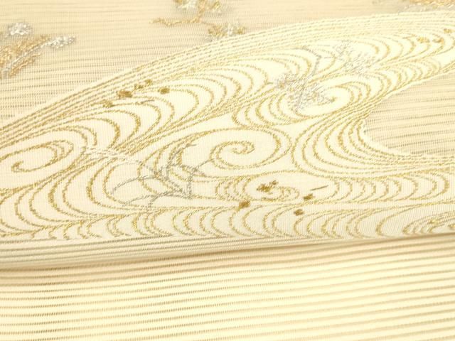 平和屋着物＊夏物　八寸名古屋帯　絽綴れ　流水草葉文　金銀糸　正絹　逸品　DAAY8351cm 平和屋着物＊夏物 八寸名古屋帯 絽綴れ 流水草葉文 金銀糸