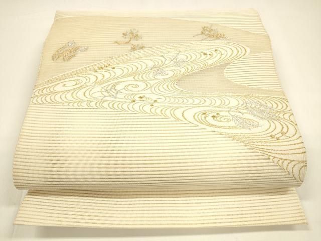 平和屋着物 夏物 八寸名古屋帯 絽綴れ 流水草葉文 金銀糸 正絹 cm
