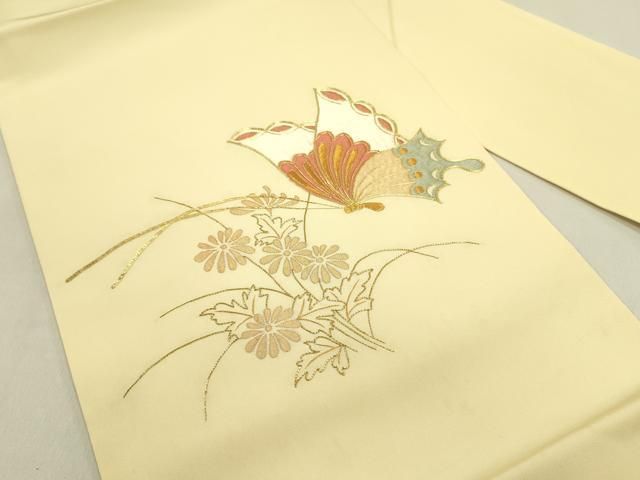 平和屋着物○塩瀬 九寸名古屋帯 駒刺繍 総刺繍 舞蝶花文 金糸 正絹
