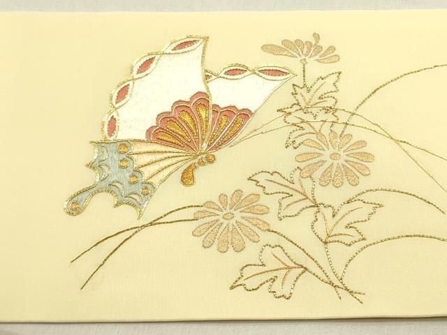 平和屋着物○塩瀬 九寸名古屋帯 駒刺繍 総刺繍 舞蝶花文 金糸 正絹