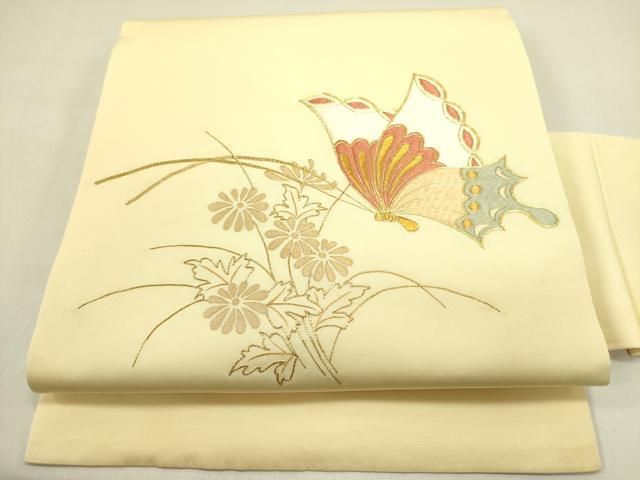 平和屋着物●塩瀬　九寸名古屋帯　駒刺繍　総刺繍　吹き寄せ花文　金糸　正絹　逸品　DAAY1920ps 平和屋着物○塩瀬 九寸名古屋帯 駒刺繍 総刺繍 舞蝶花文 金糸 正絹