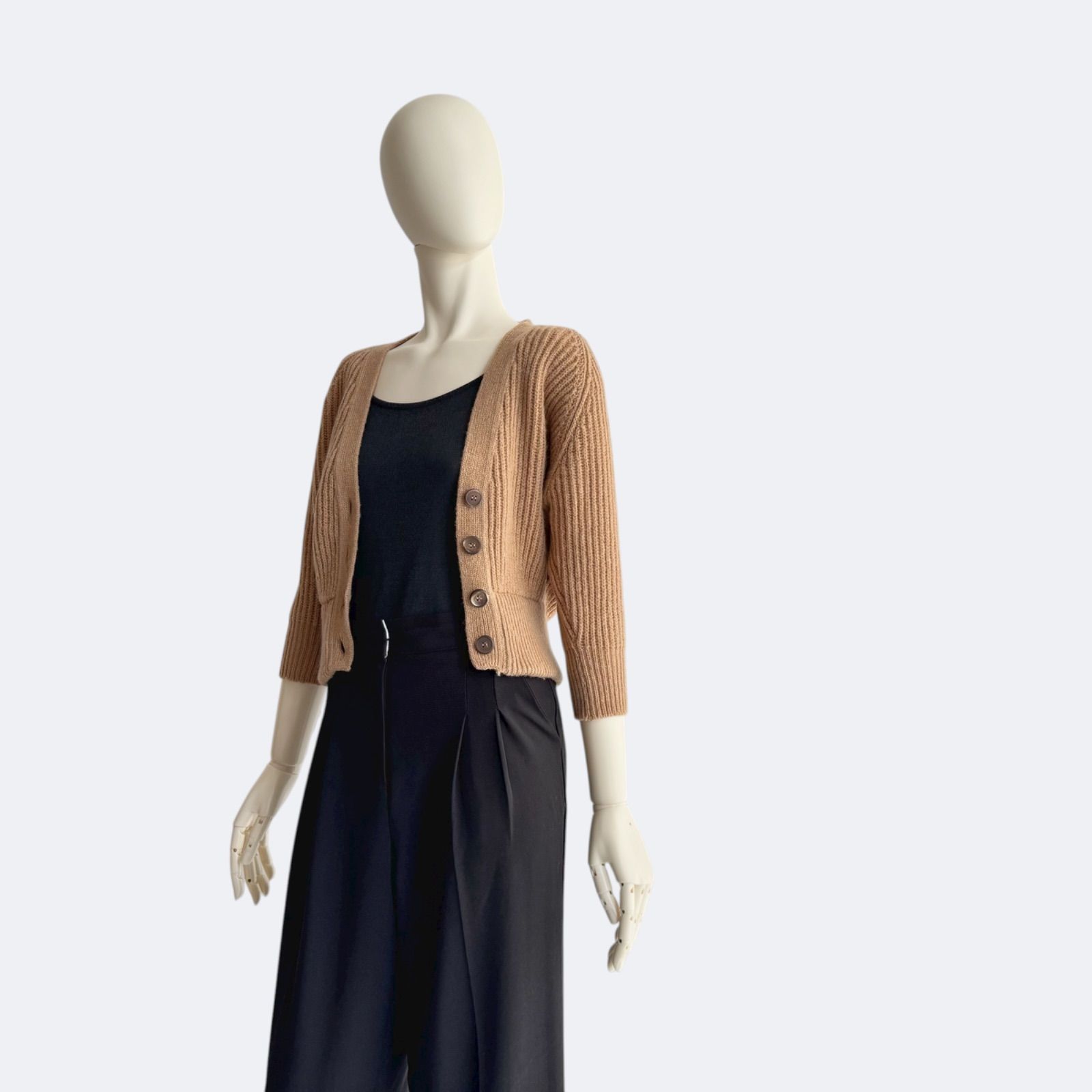 PRADA プラダ ウール リブニット カーディガン 40 キャメル 七分袖