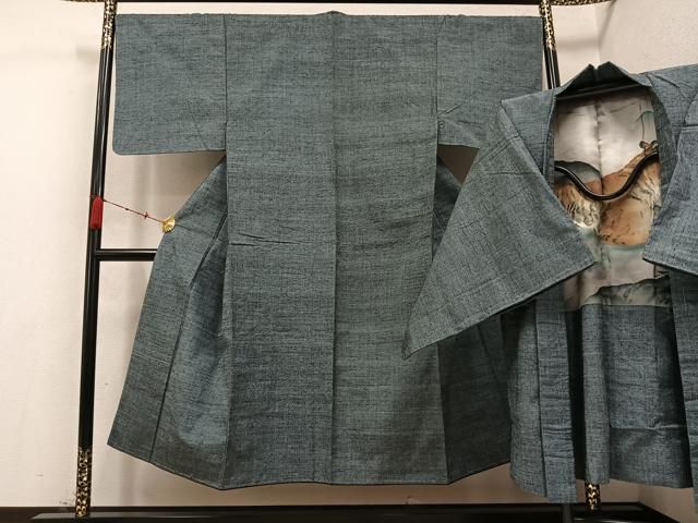 平和屋着物 男性 紬 アンサンブル 色無地 灰色 正絹 AABC8060ph