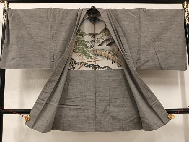 平和屋着物○男性 本場結城玉紬 アンサンブル 色無地 利休白茶色 結織  