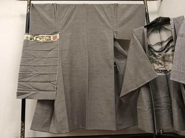 平和屋着物 男性 本場結城玉紬 アンサンブル 色無地 利休白茶色 結織苑 キングサイズ 反端付き 正絹 AABC8064ph