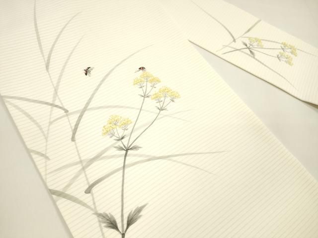 平和屋着物 夏物 絽塩瀬 九寸名古屋帯 手描き 草花文 てんとう虫 正絹 cm