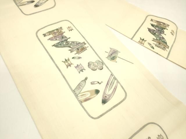 平和屋着物 夏物 松煙染の第一人者 川島草苑 九寸名古屋帯 型染 糸巻き花文 正絹 cm