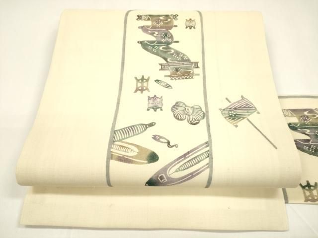 平和屋着物 夏物 松煙染の第一人者 川島草苑 九寸名古屋帯 型染 糸巻き花文 正絹 cm