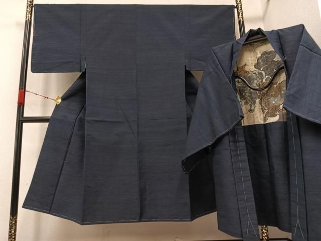 平和屋着物 男性 紬 アンサンブル 色無地 藍鉄色 正絹 AABC8072ph